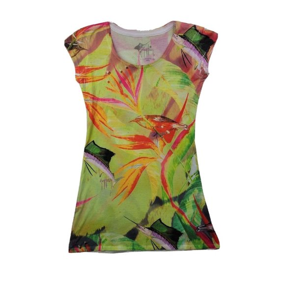 Guy Harvey Women's S T- Shirt Dress Bright Color Bird Fish Print Round Neck SS - Picture 1 of 9